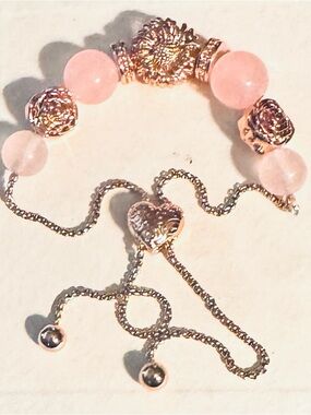 Vtg Bradford Exchange Rose Quartz And Copper Beaded Bolo-Style Bracelet